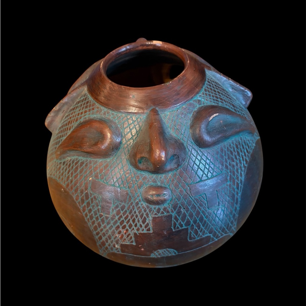 Vtg. Handcrafted Brazilian Marajoara Pottery - Faces on Both Sides - Vase/Vessel
